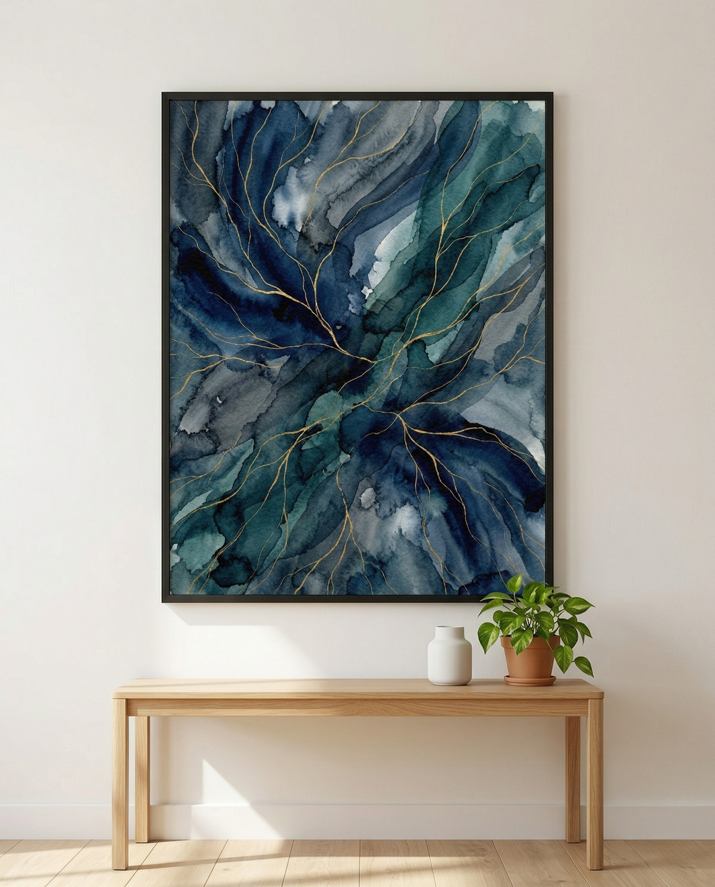 Ozeanblau – Abstraktes gerahmtes Bild in Marineblau & Petrol