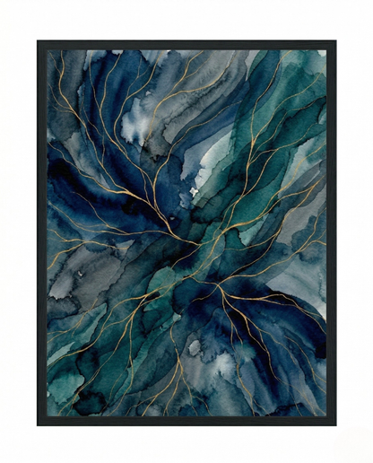Ozeanblau – Abstraktes gerahmtes Bild in Marineblau & Petrol