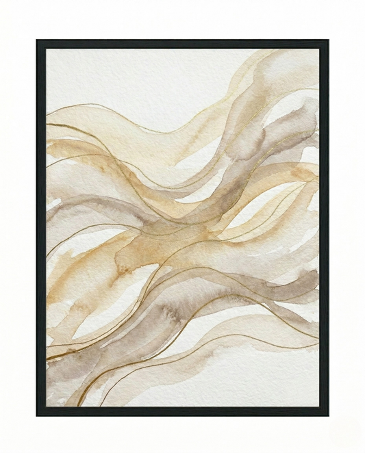 Sanfter Fluss – Abstraktes gerahmtes Bild in Creme & Sand