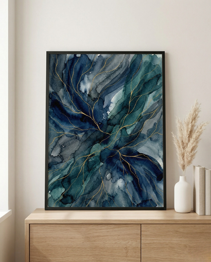 Ozeanblau – Abstraktes gerahmtes Bild in Marineblau & Petrol