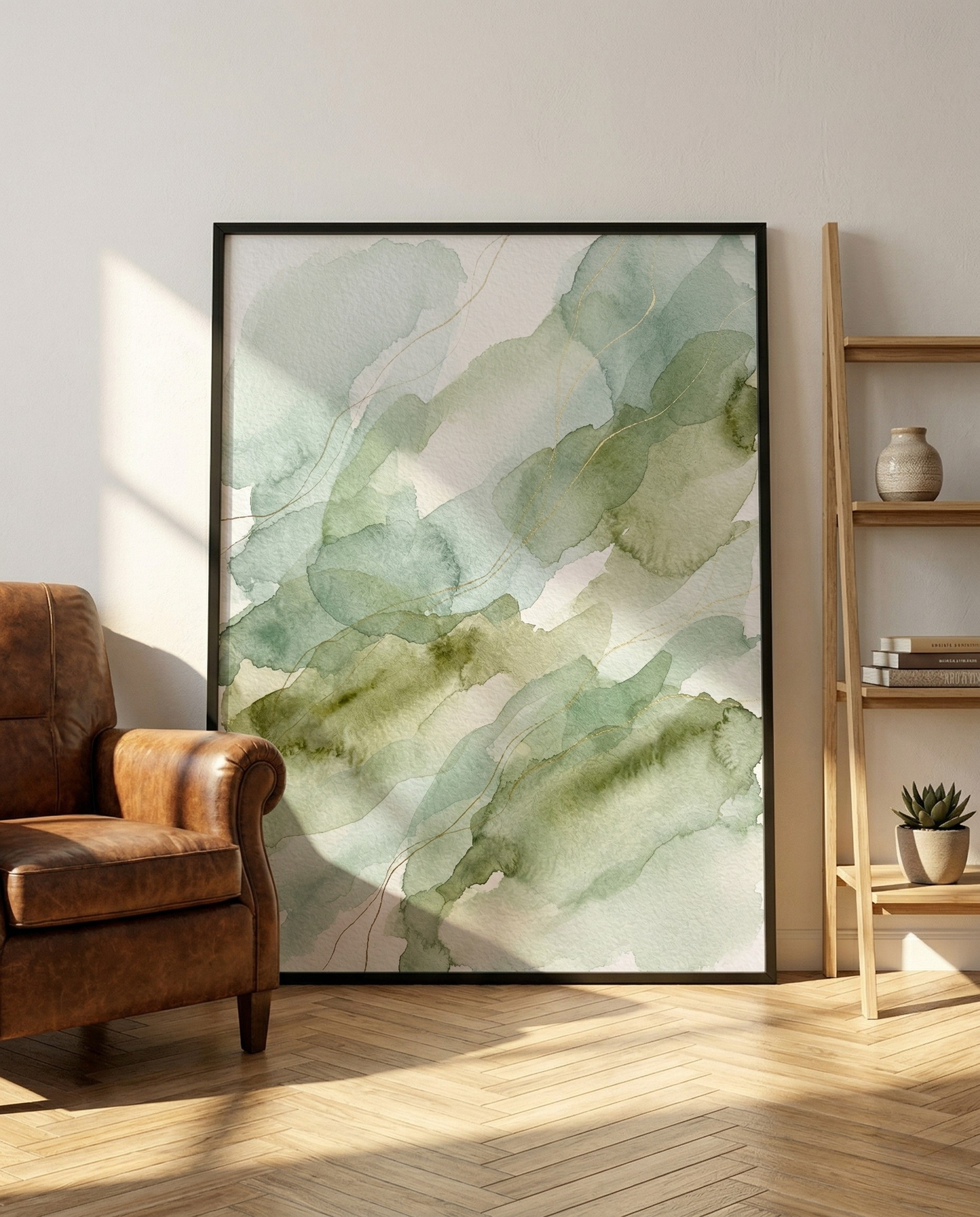 Morgentau – Aquarell-Bild in Salbei & Olive, gerahmt
