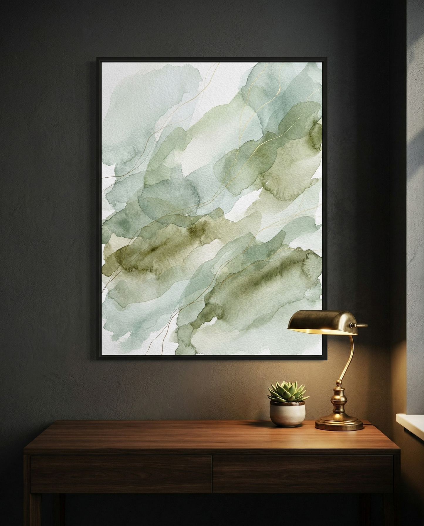 Morgentau – Aquarell-Bild in Salbei & Olive, gerahmt