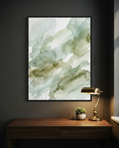 Morgentau – Aquarell-Bild in Salbei & Olive, gerahmt