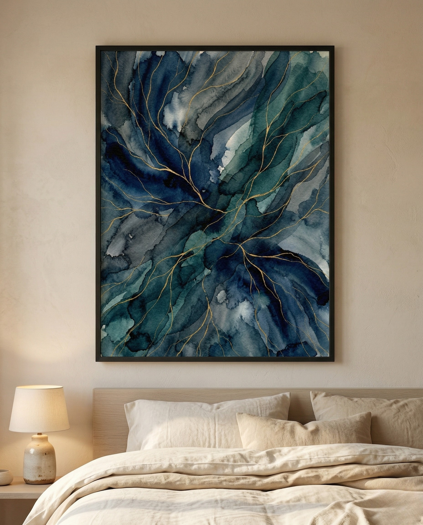 Ozeanblau – Abstraktes gerahmtes Bild in Marineblau & Petrol