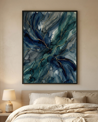 Ozeanblau – Abstraktes gerahmtes Bild in Marineblau & Petrol