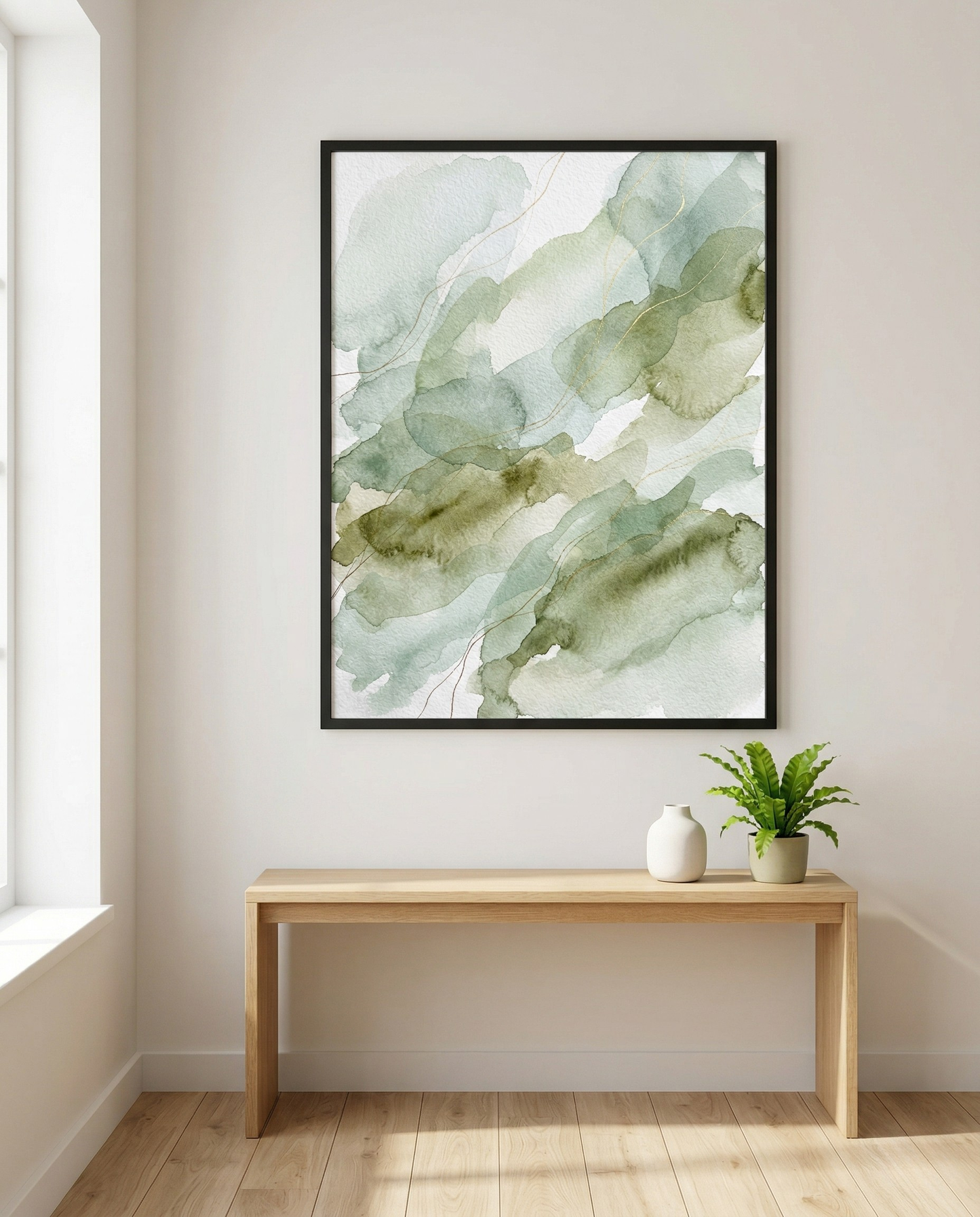 Morgentau – Aquarell-Bild in Salbei & Olive, gerahmt