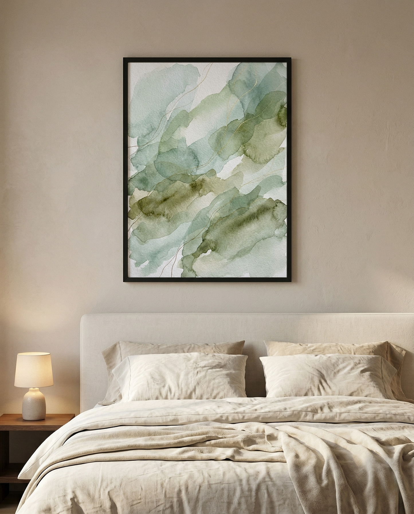 Morgentau – Aquarell-Bild in Salbei & Olive, gerahmt