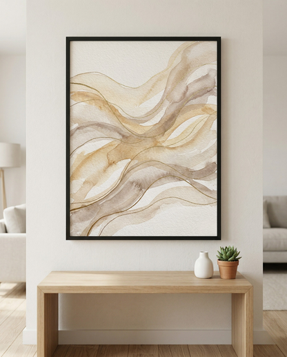 Sanfter Fluss – Abstraktes gerahmtes Bild in Creme & Sand